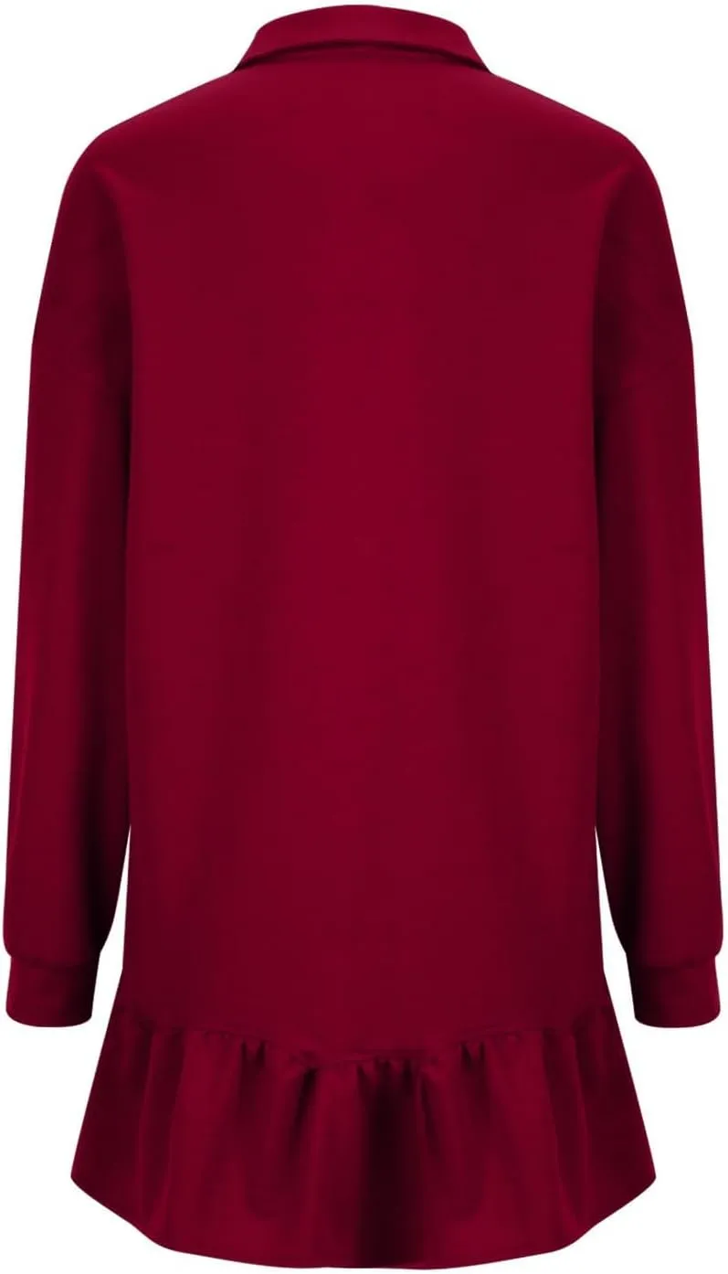 Shirt Dresses for Women 2024 Trendy Long Sleeve Patchwork Sweatshirt Dress Cute V Neck Ruffle Button Up Mini Dresses
