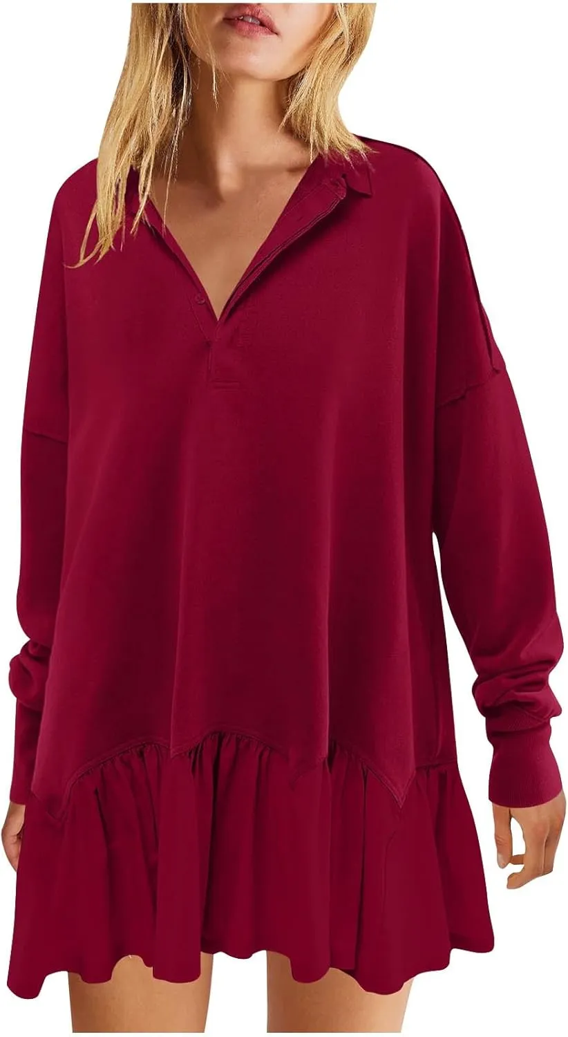Shirt Dresses for Women 2024 Trendy Long Sleeve Patchwork Sweatshirt Dress Cute V Neck Ruffle Button Up Mini Dresses