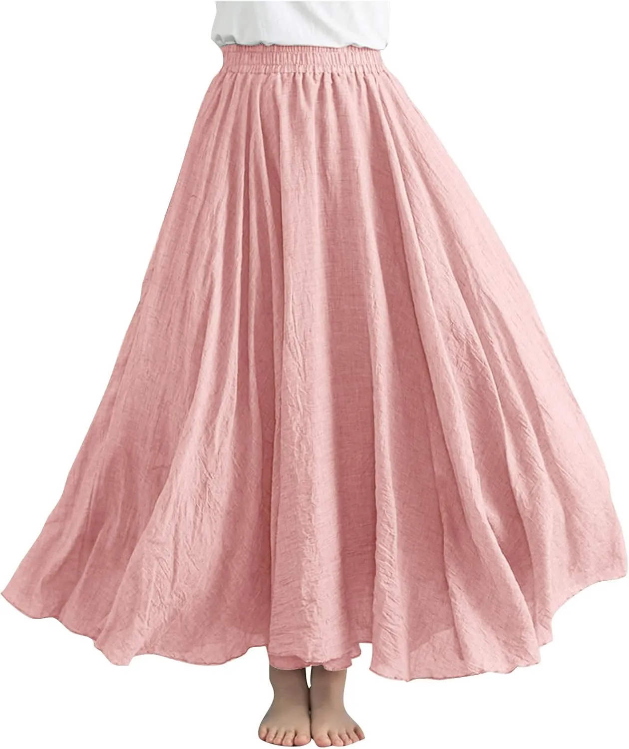 Solid Color Linen Skirts for Women Holiday Boho Ruched Stretch Hight Waist Basic Womens Maxi Skirt 2025 Y2K