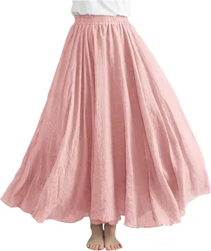Solid Color Linen Skirts for Women Holiday Boho Ruched Stretch Hight Waist Basic Womens Maxi Skirt 2025 Y2K