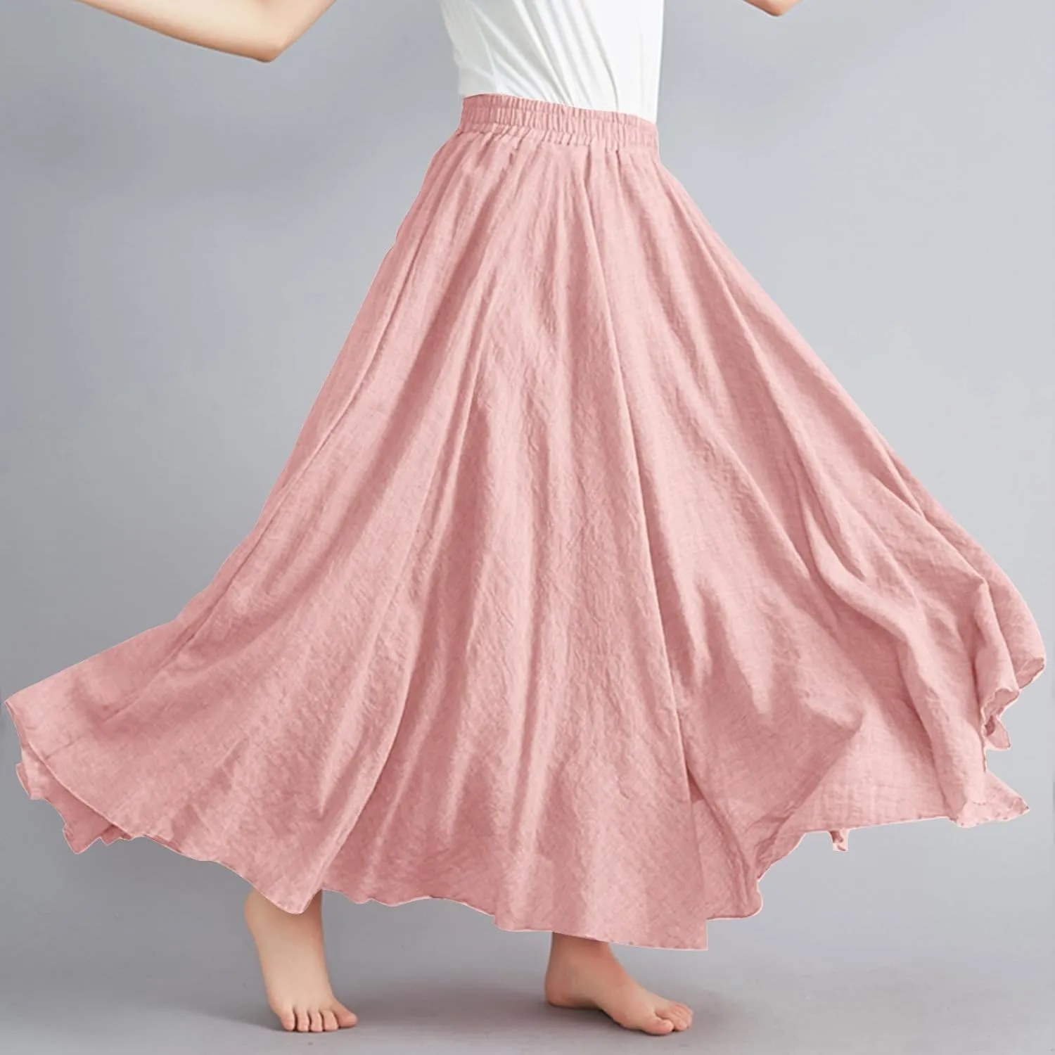 Solid Color Linen Skirts for Women Holiday Boho Ruched Stretch Hight Waist Basic Womens Maxi Skirt 2025 Y2K