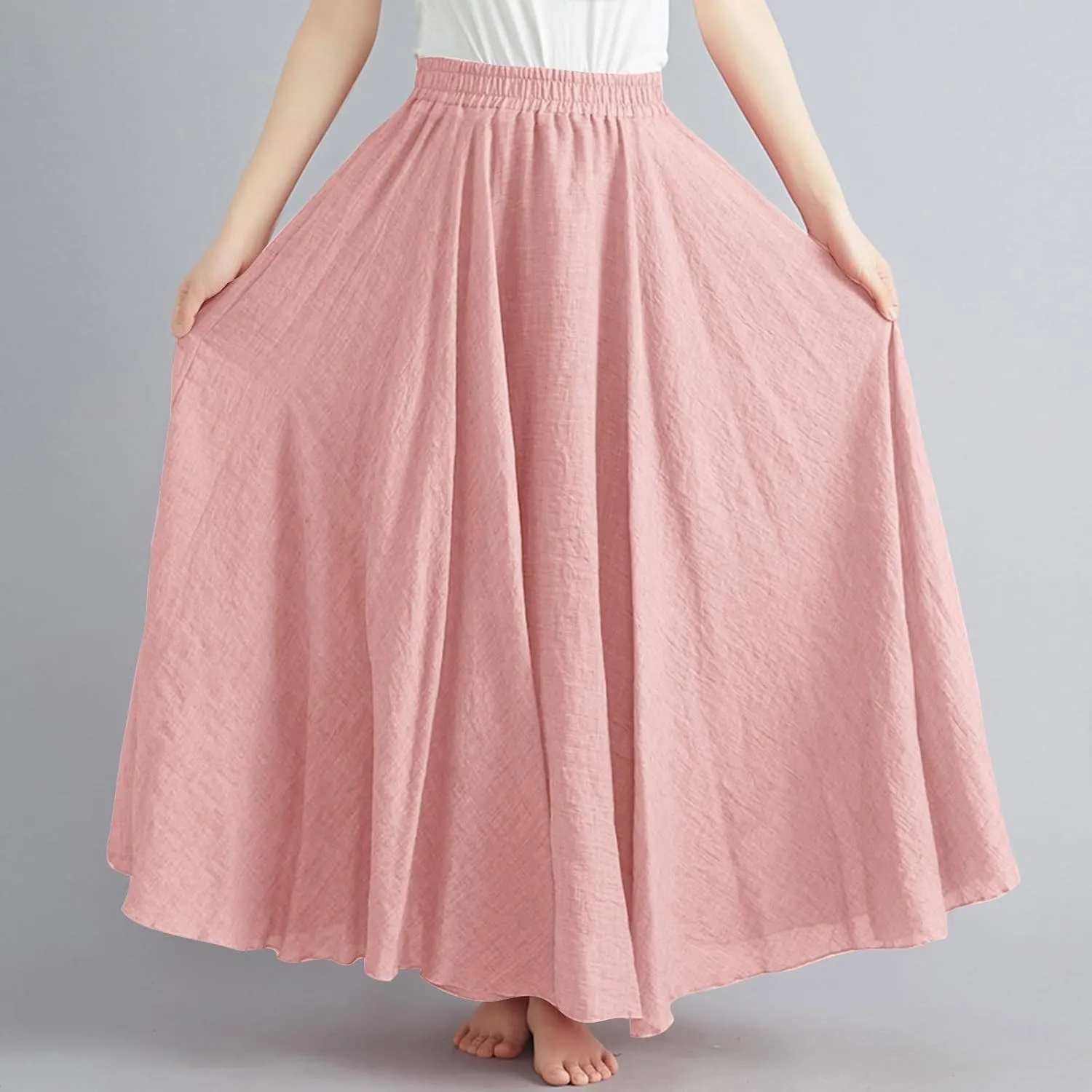 Solid Color Linen Skirts for Women Holiday Boho Ruched Stretch Hight Waist Basic Womens Maxi Skirt 2025 Y2K