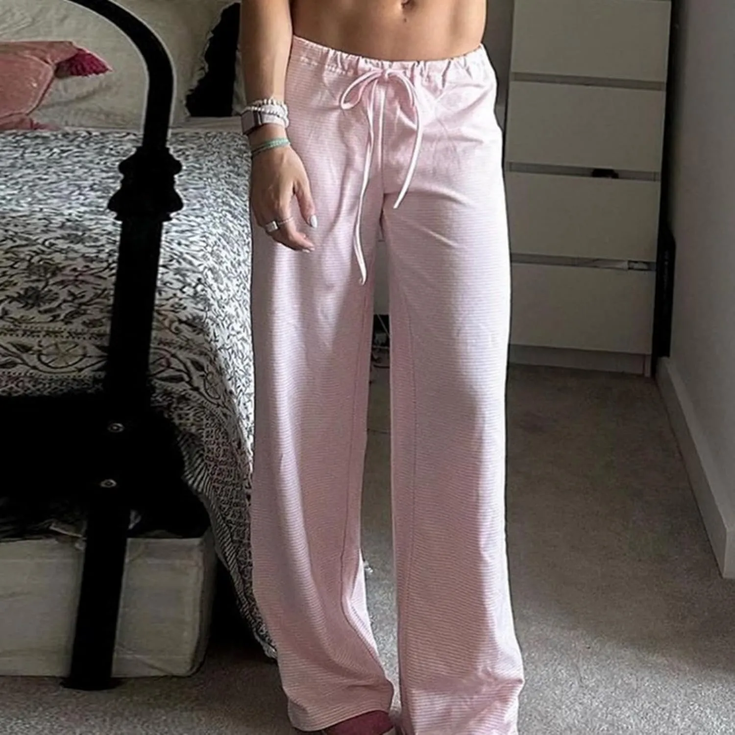 Striped Wide Leg Pants for Women - Casual Loose Fit High-Waisted Drawstring Pajama Pants - Straight Trousers