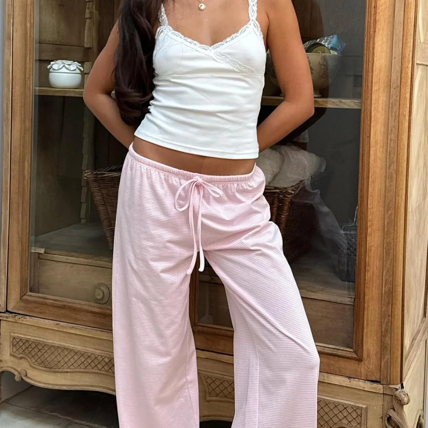 Striped Wide Leg Pants for Women - Casual Loose Fit High-Waisted Drawstring Pajama Pants - Straight Trousers