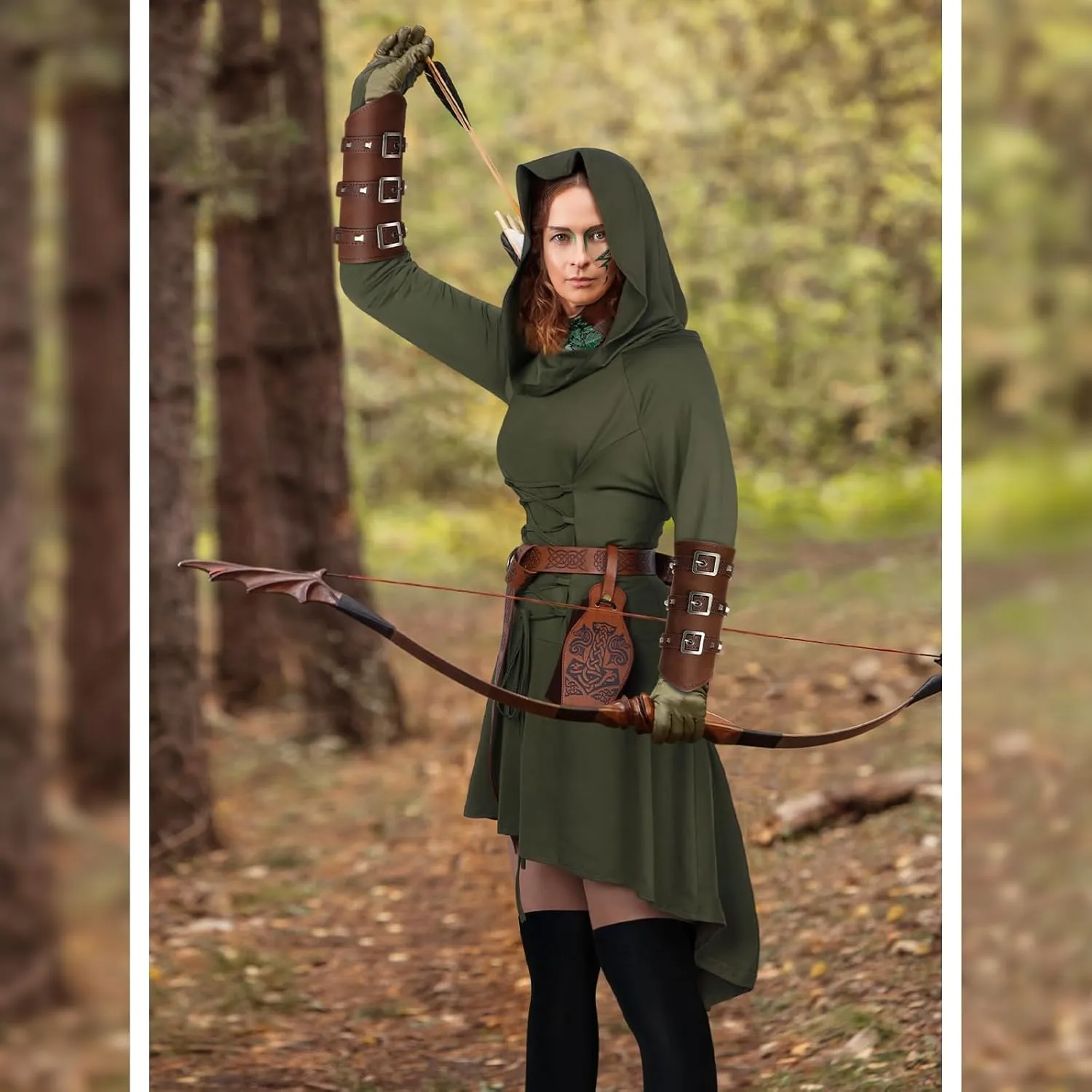Suhine 5 Pcs Mardi Gras Renaissance Women Costume Medieval Hooded Robe Vintage Faux Leather Arm Pouch Belt