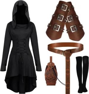 Suhine 5 Pcs Mardi Gras Renaissance Women Costume Medieval Hooded Robe Vintage Faux Leather Arm Pouch Belt