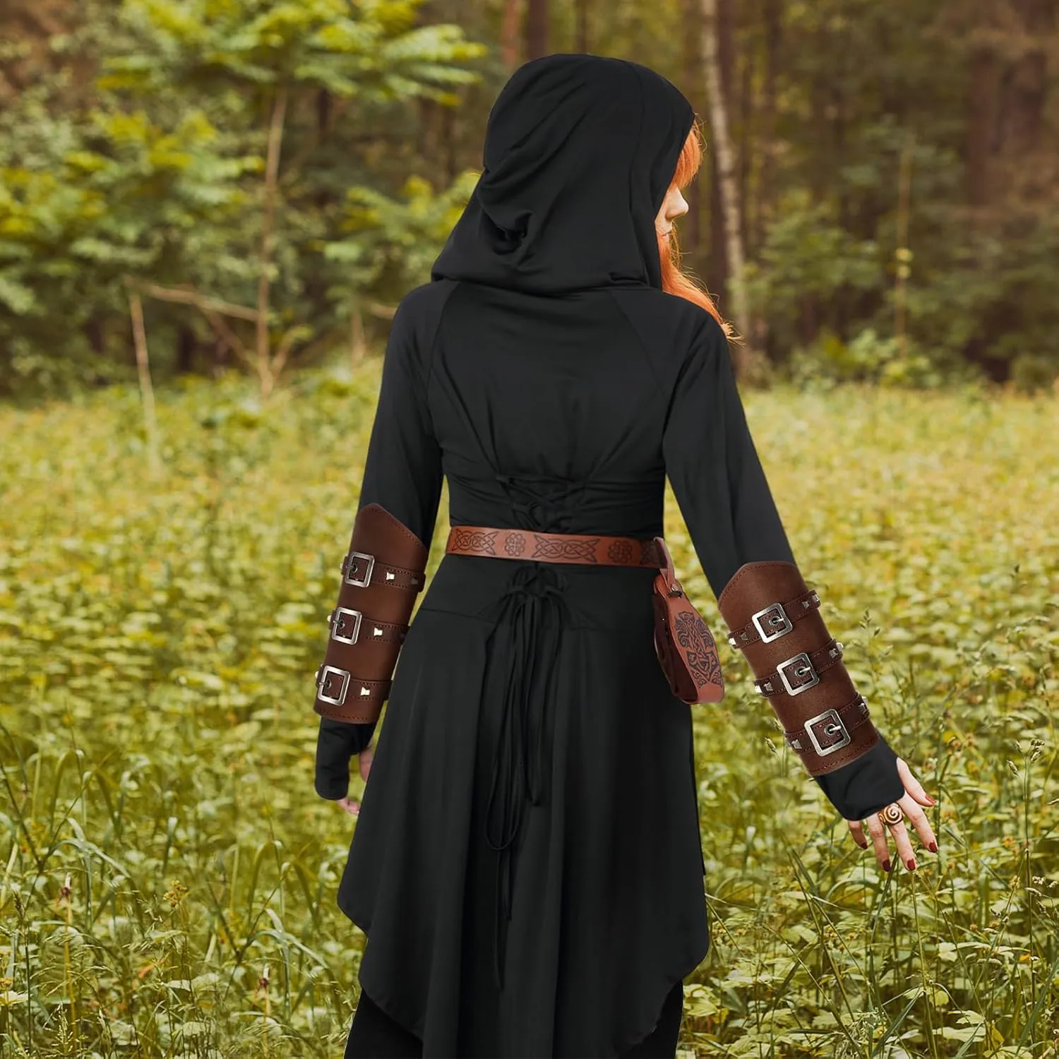 Suhine 5 Pcs Mardi Gras Renaissance Women Costume Medieval Hooded Robe Vintage Faux Leather Arm Pouch Belt