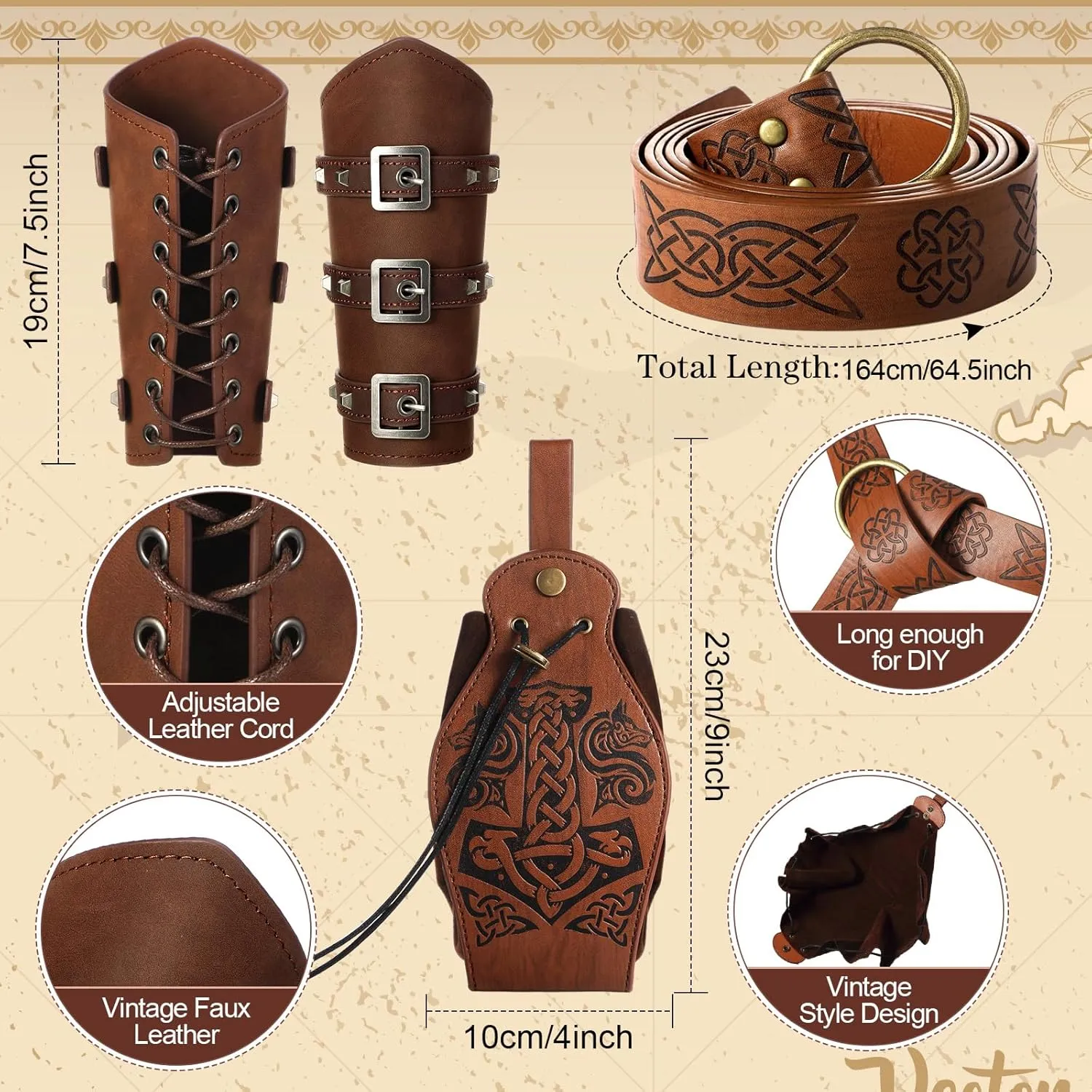 Suhine 5 Pcs Mardi Gras Renaissance Women Costume Medieval Hooded Robe Vintage Faux Leather Arm Pouch Belt