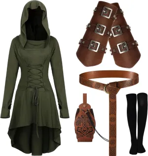 Suhine 5 Pcs Mardi Gras Renaissance Women Costume Medieval Hooded Robe Vintage Faux Leather Arm Pouch Belt