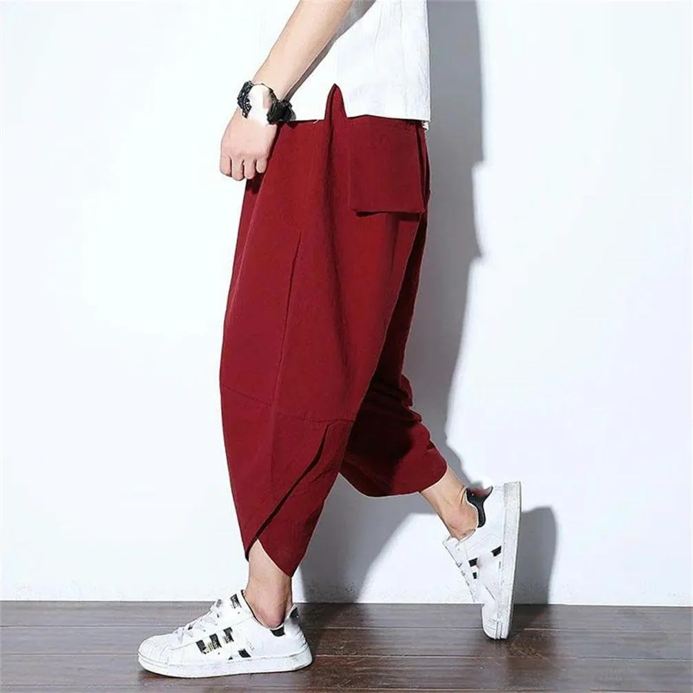 Summer Cotton Trousers for Men Casual Chinese Style Elastic Waist Linen Pants Solid Color Harem Pants