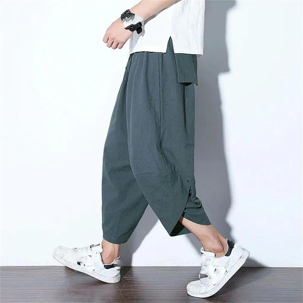 Summer Cotton Trousers for Men Casual Chinese Style Elastic Waist Linen Pants Solid Color Harem Pants