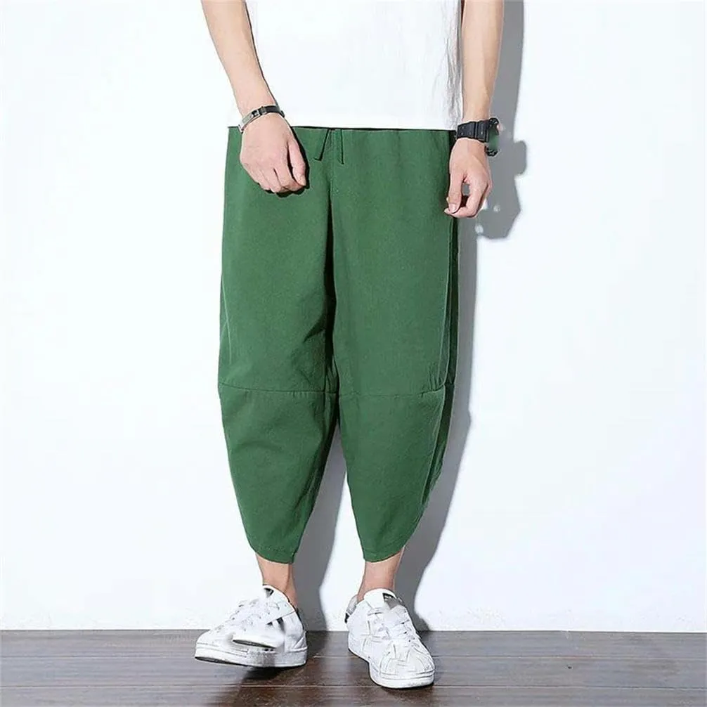 Summer Cotton Trousers for Men Casual Chinese Style Elastic Waist Linen Pants Solid Color Harem Pants