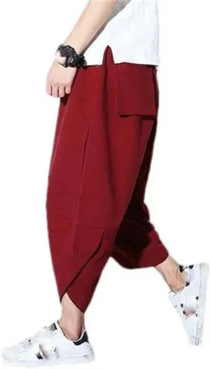 Summer Cotton Trousers for Men Casual Chinese Style Elastic Waist Linen Pants Solid Color Harem Pants