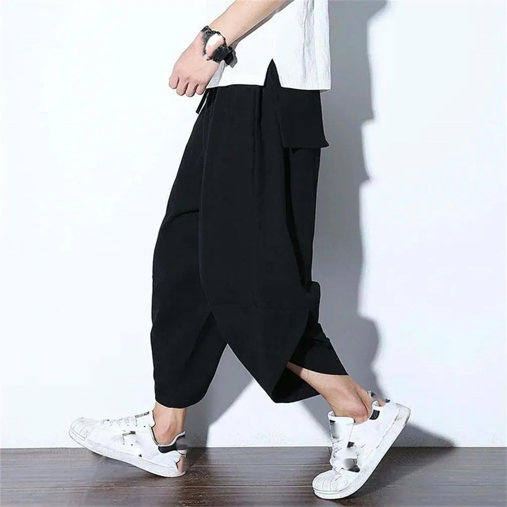 Summer Cotton Trousers for Men Casual Chinese Style Elastic Waist Linen Pants Solid Color Harem Pants