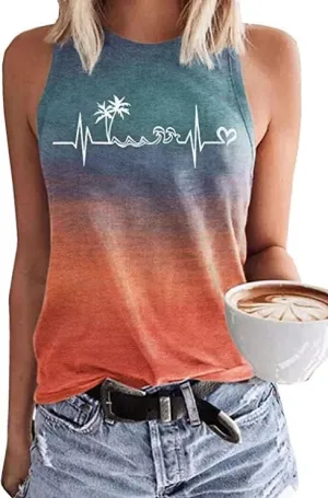 Summer Tank Tops for Women Vacation Casual Beach Tank Tops Hawaiian Sleeveless Basic Fit T Shirts Blouses