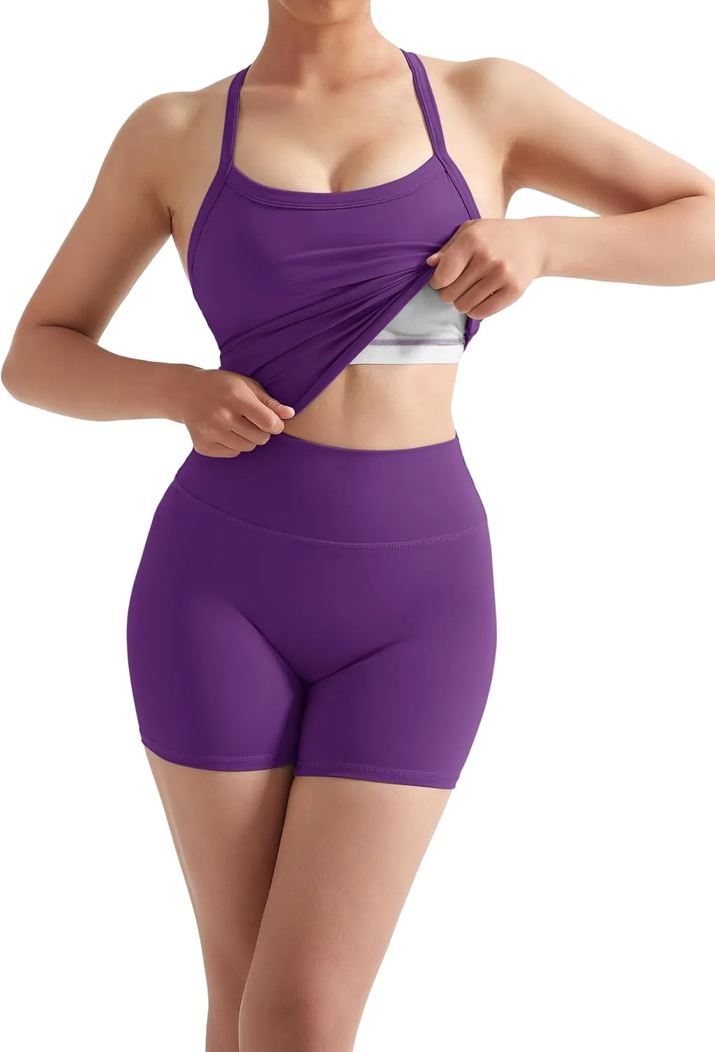 SUUKSESS Women 2 Piece Workout Sets High Waisted Tummy Control Biker Shorts Halter Backless Tank Tops