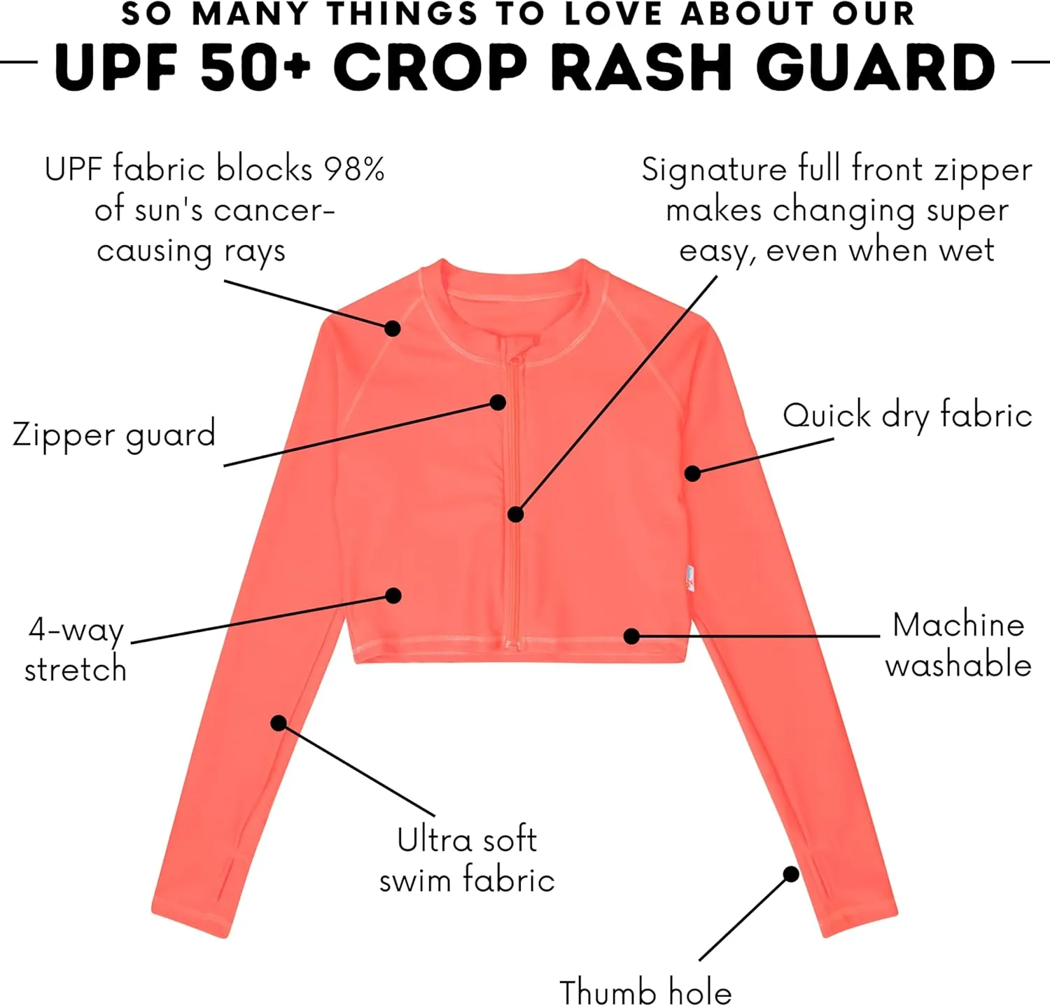 SwimZip Women's Long Sleeve Crop Top Rash Guard Swim Shirt - UPF 50  with Zipper