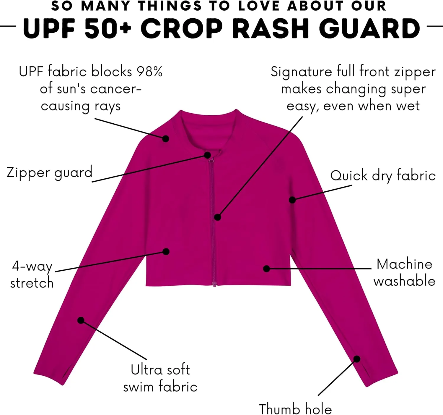 SwimZip Women's Long Sleeve Crop Top Rash Guard Swim Shirt - UPF 50  with Zipper