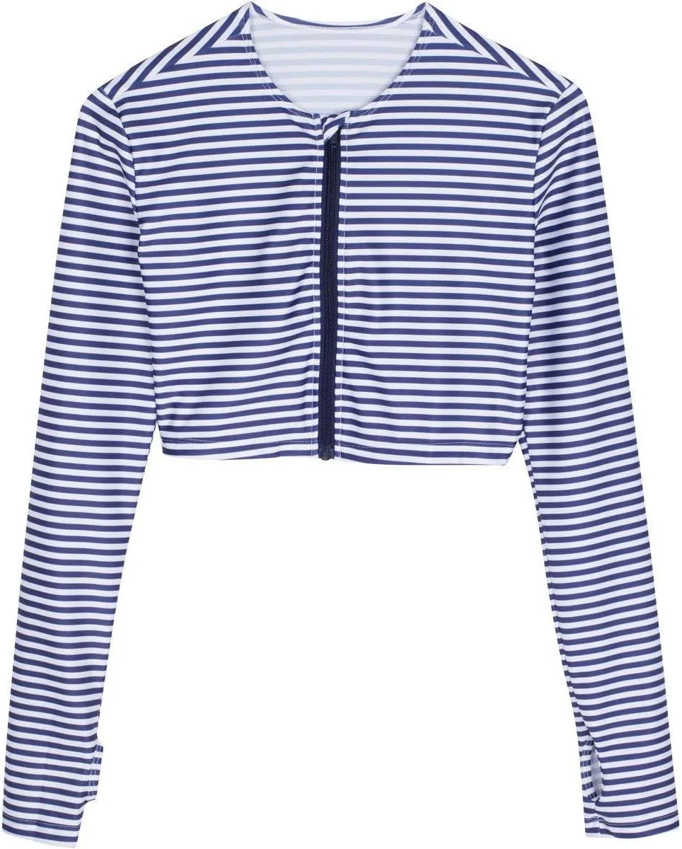 SwimZip Women's Long Sleeve Crop Top Rash Guard Swim Shirt - UPF 50  with Zipper