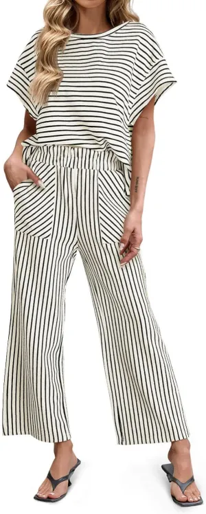 Tankaneo Womens Striped 2 Piece Sets Short Sleeve T Shirts Wide Leg Pants Matching Lounge Set with Pockets