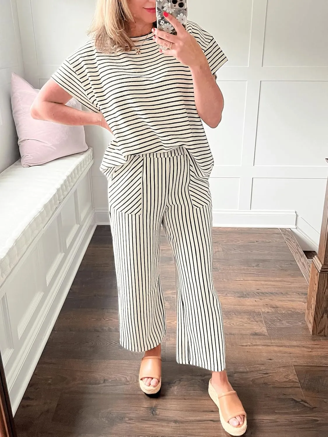 Tankaneo Womens Striped 2 Piece Sets Short Sleeve T Shirts Wide Leg Pants Matching Lounge Set with Pockets