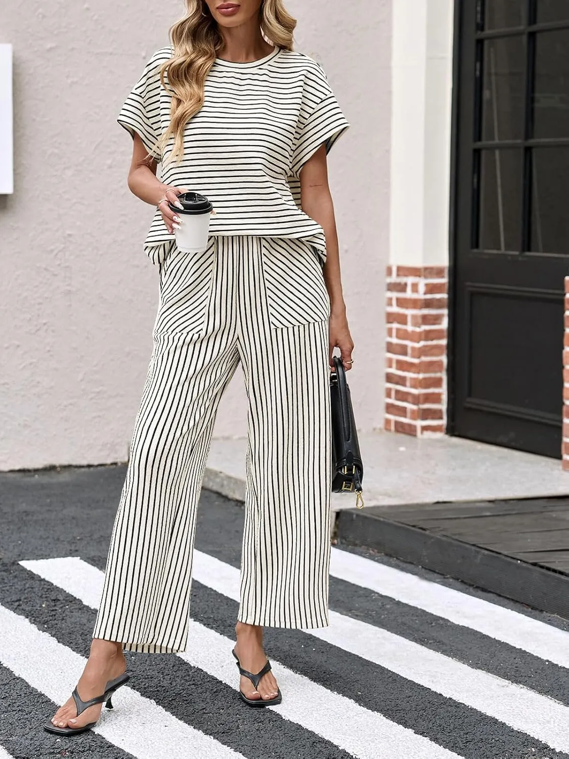 Tankaneo Womens Striped 2 Piece Sets Short Sleeve T Shirts Wide Leg Pants Matching Lounge Set with Pockets