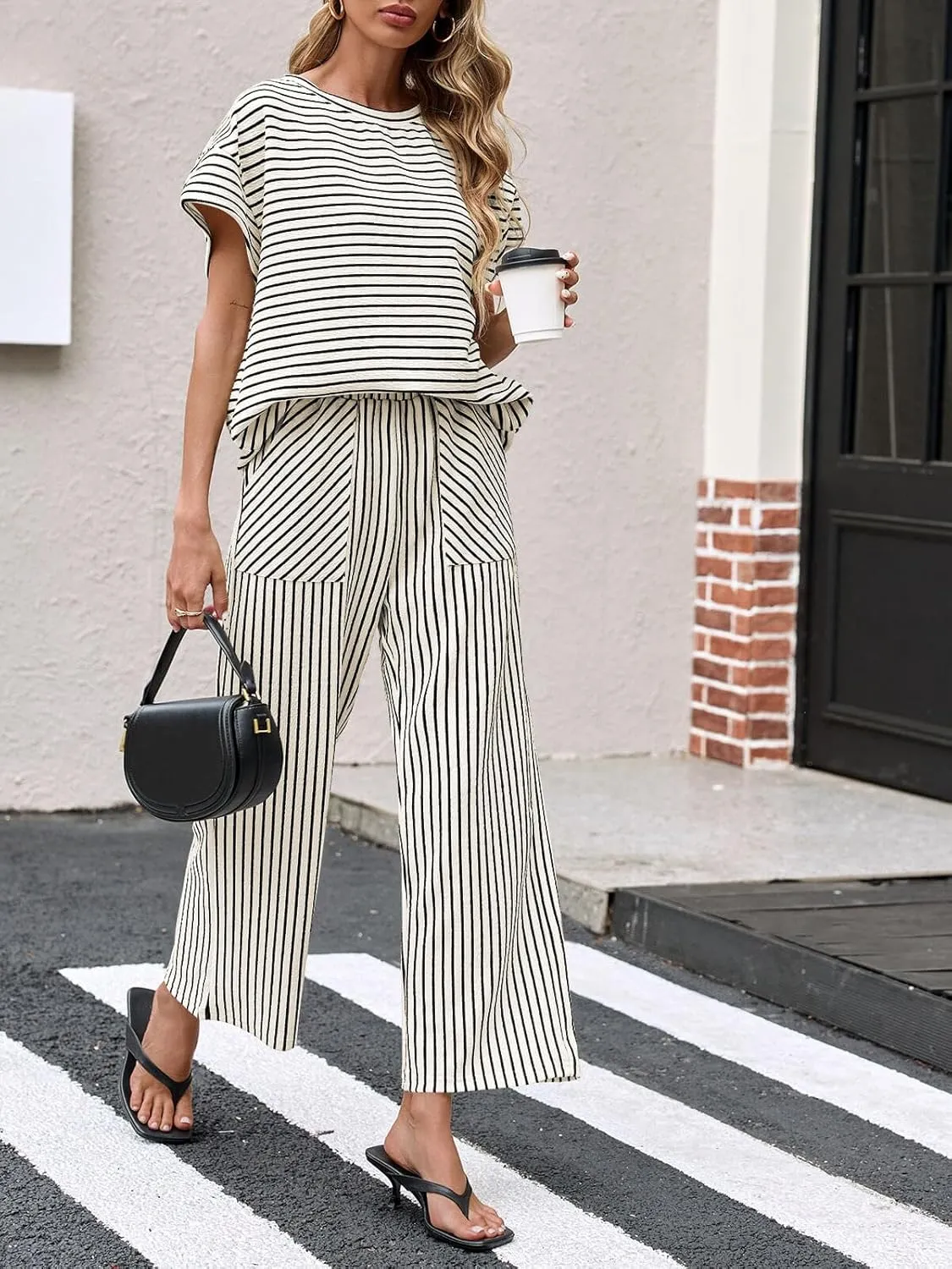 Tankaneo Womens Striped 2 Piece Sets Short Sleeve T Shirts Wide Leg Pants Matching Lounge Set with Pockets