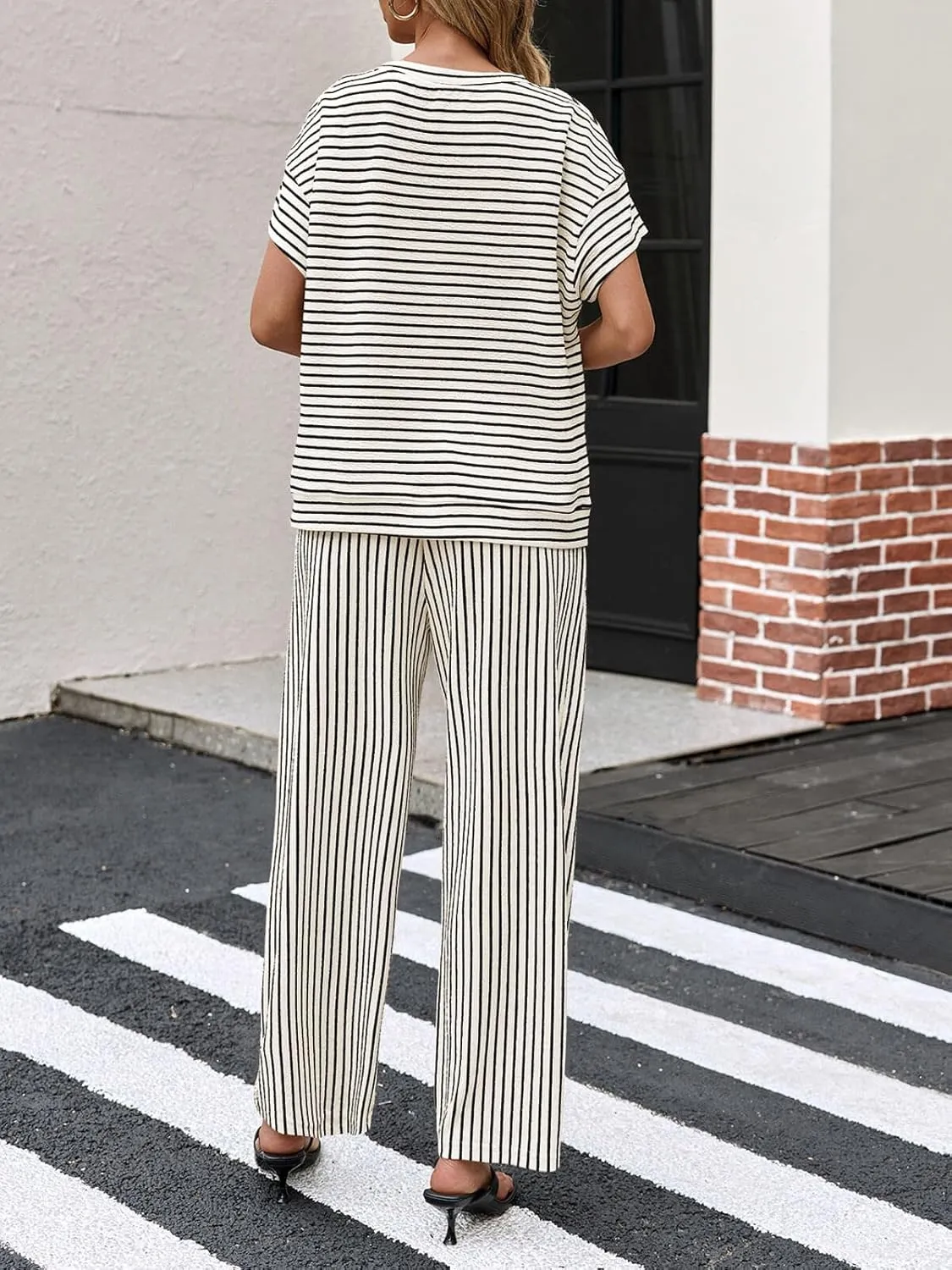 Tankaneo Womens Striped 2 Piece Sets Short Sleeve T Shirts Wide Leg Pants Matching Lounge Set with Pockets
