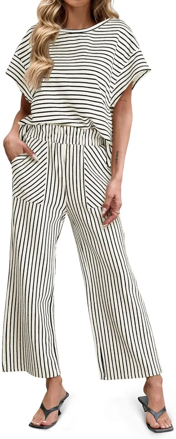 Tankaneo Womens Striped 2 Piece Sets Short Sleeve T Shirts Wide Leg Pants Matching Lounge Set with Pockets