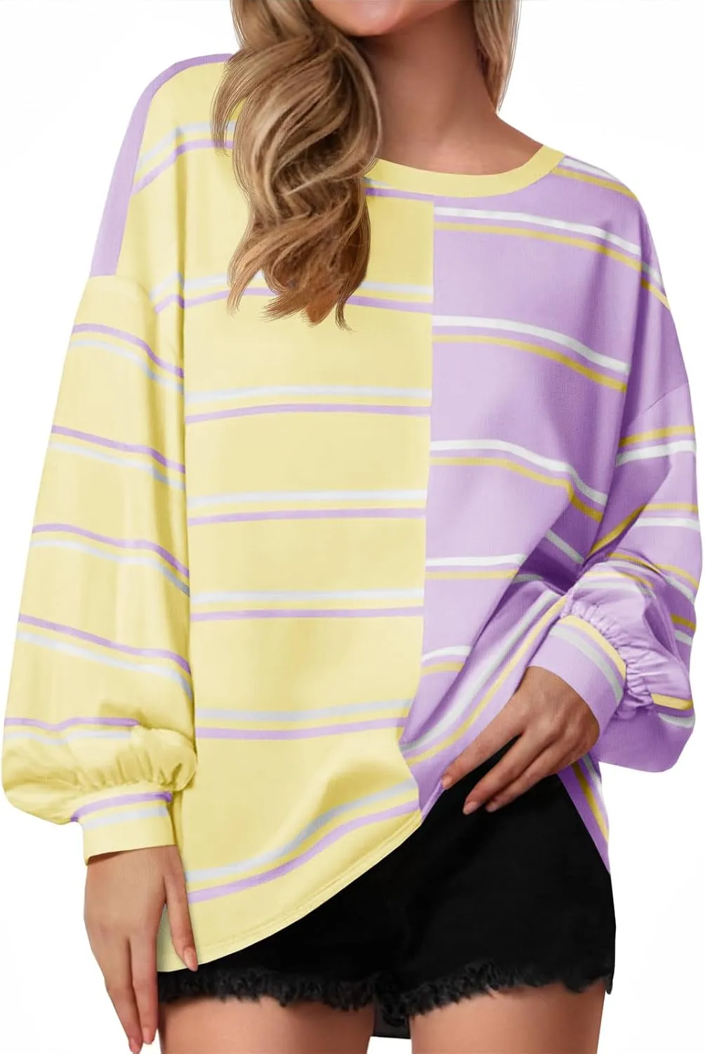 Tankaneo Womens Striped Tunic Tops Oversized Long Sleeve Round Neck T Shirts Fall Casual Sweatshirts