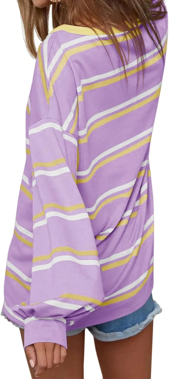 Tankaneo Womens Striped Tunic Tops Oversized Long Sleeve Round Neck T Shirts Fall Casual Sweatshirts