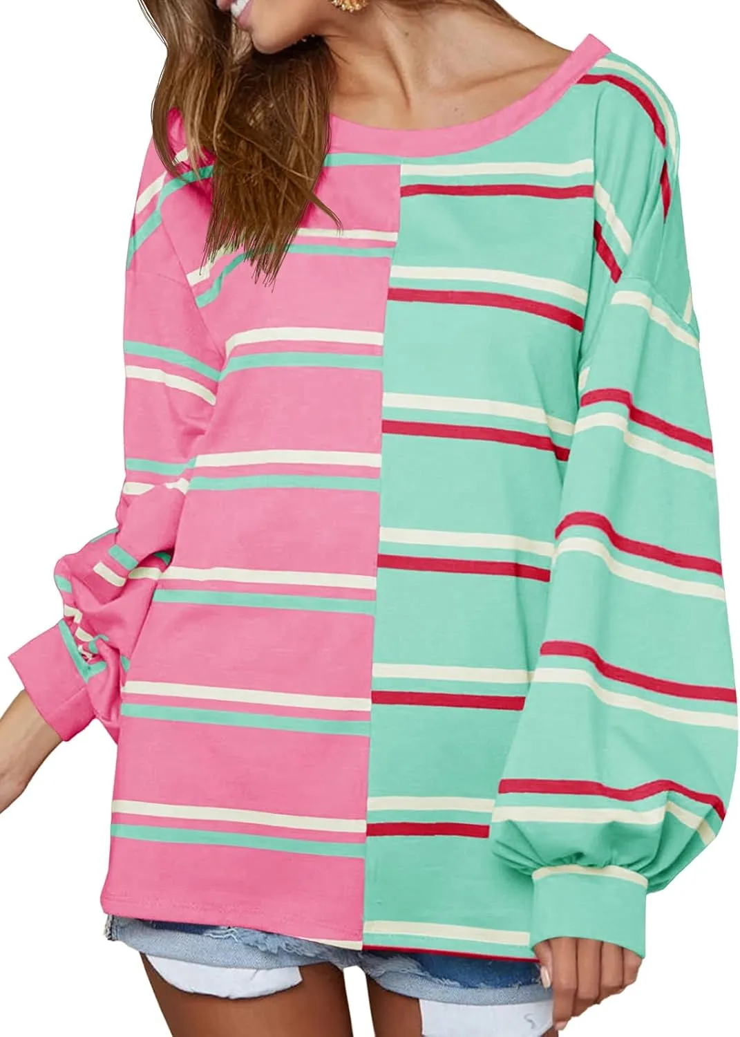 Tankaneo Womens Striped Tunic Tops Oversized Long Sleeve Round Neck T Shirts Fall Casual Sweatshirts
