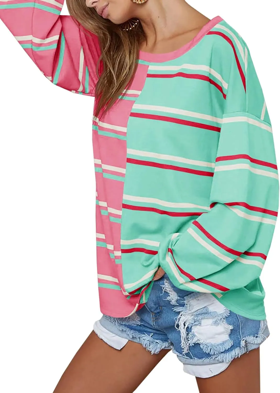 Tankaneo Womens Striped Tunic Tops Oversized Long Sleeve Round Neck T Shirts Fall Casual Sweatshirts