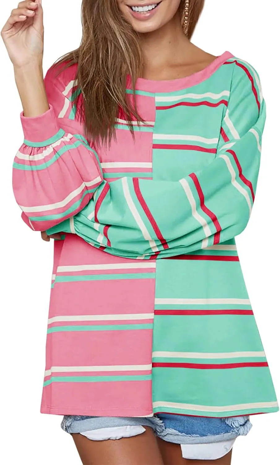 Tankaneo Womens Striped Tunic Tops Oversized Long Sleeve Round Neck T Shirts Fall Casual Sweatshirts