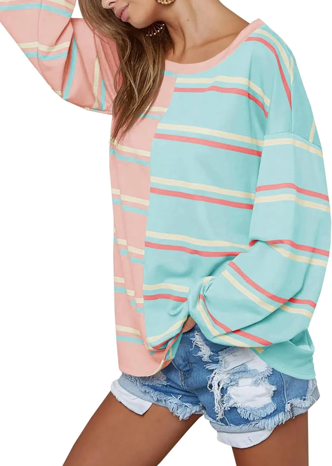 Tankaneo Womens Striped Tunic Tops Oversized Long Sleeve Round Neck T Shirts Fall Casual Sweatshirts