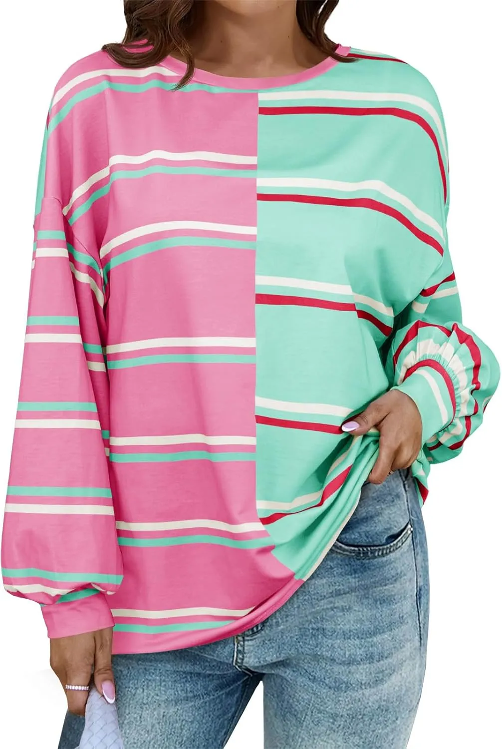 Tankaneo Womens Striped Tunic Tops Oversized Long Sleeve Round Neck T Shirts Fall Casual Sweatshirts