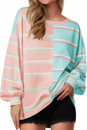 Tankaneo Womens Striped Tunic Tops Oversized Long Sleeve Round Neck T Shirts Fall Casual Sweatshirts