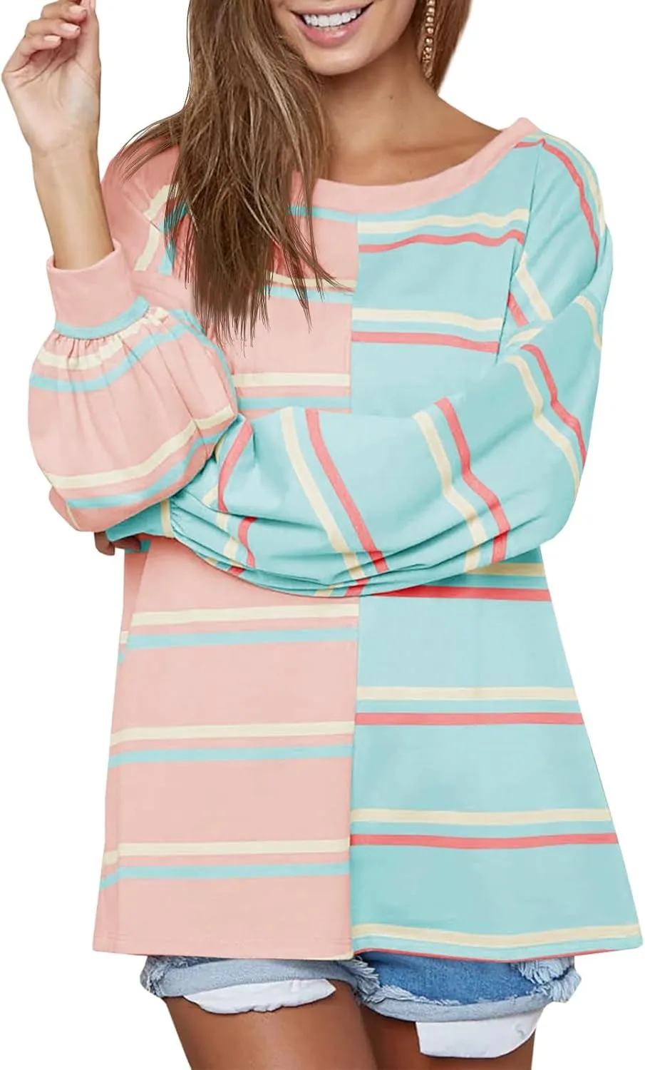 Tankaneo Womens Striped Tunic Tops Oversized Long Sleeve Round Neck T Shirts Fall Casual Sweatshirts