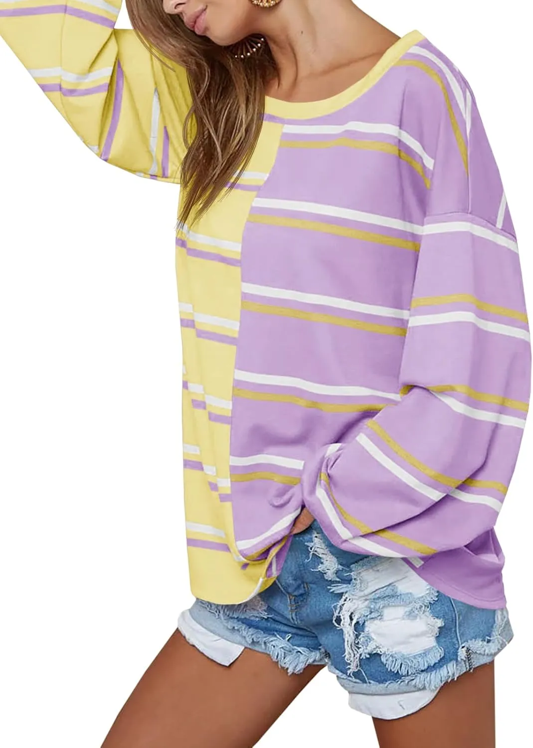 Tankaneo Womens Striped Tunic Tops Oversized Long Sleeve Round Neck T Shirts Fall Casual Sweatshirts