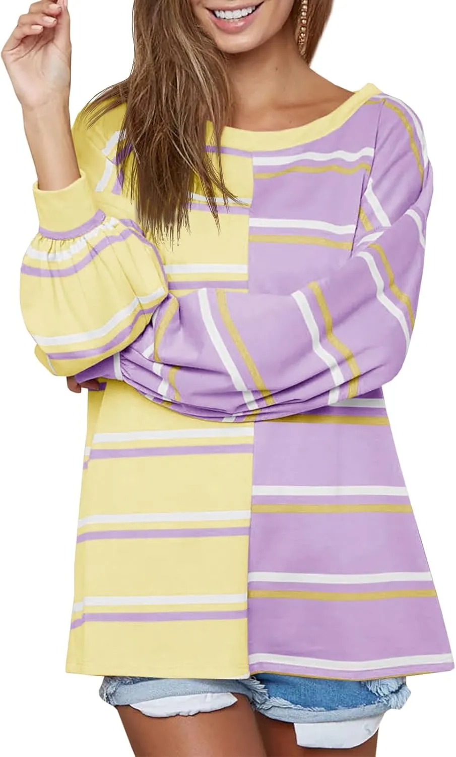 Tankaneo Womens Striped Tunic Tops Oversized Long Sleeve Round Neck T Shirts Fall Casual Sweatshirts