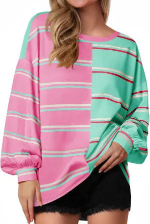 Tankaneo Womens Striped Tunic Tops Oversized Long Sleeve Round Neck T Shirts Fall Casual Sweatshirts