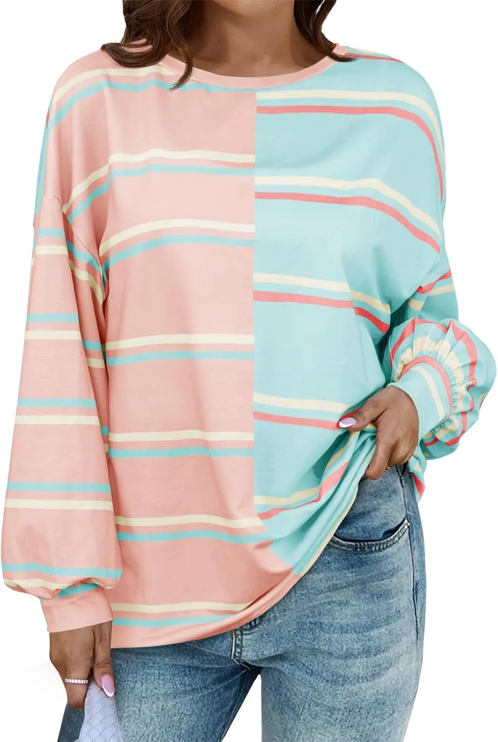 Tankaneo Womens Striped Tunic Tops Oversized Long Sleeve Round Neck T Shirts Fall Casual Sweatshirts