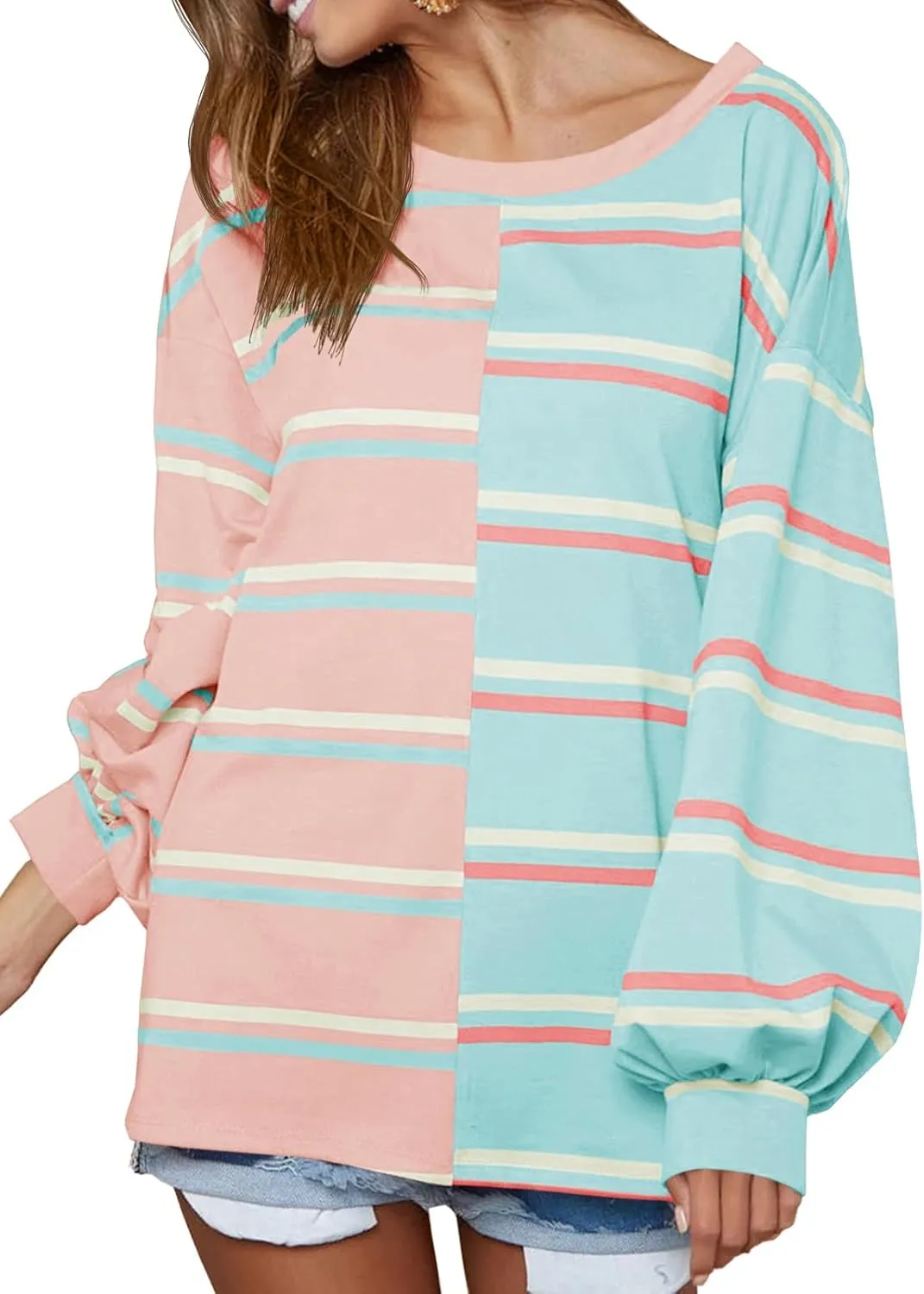 Tankaneo Womens Striped Tunic Tops Oversized Long Sleeve Round Neck T Shirts Fall Casual Sweatshirts