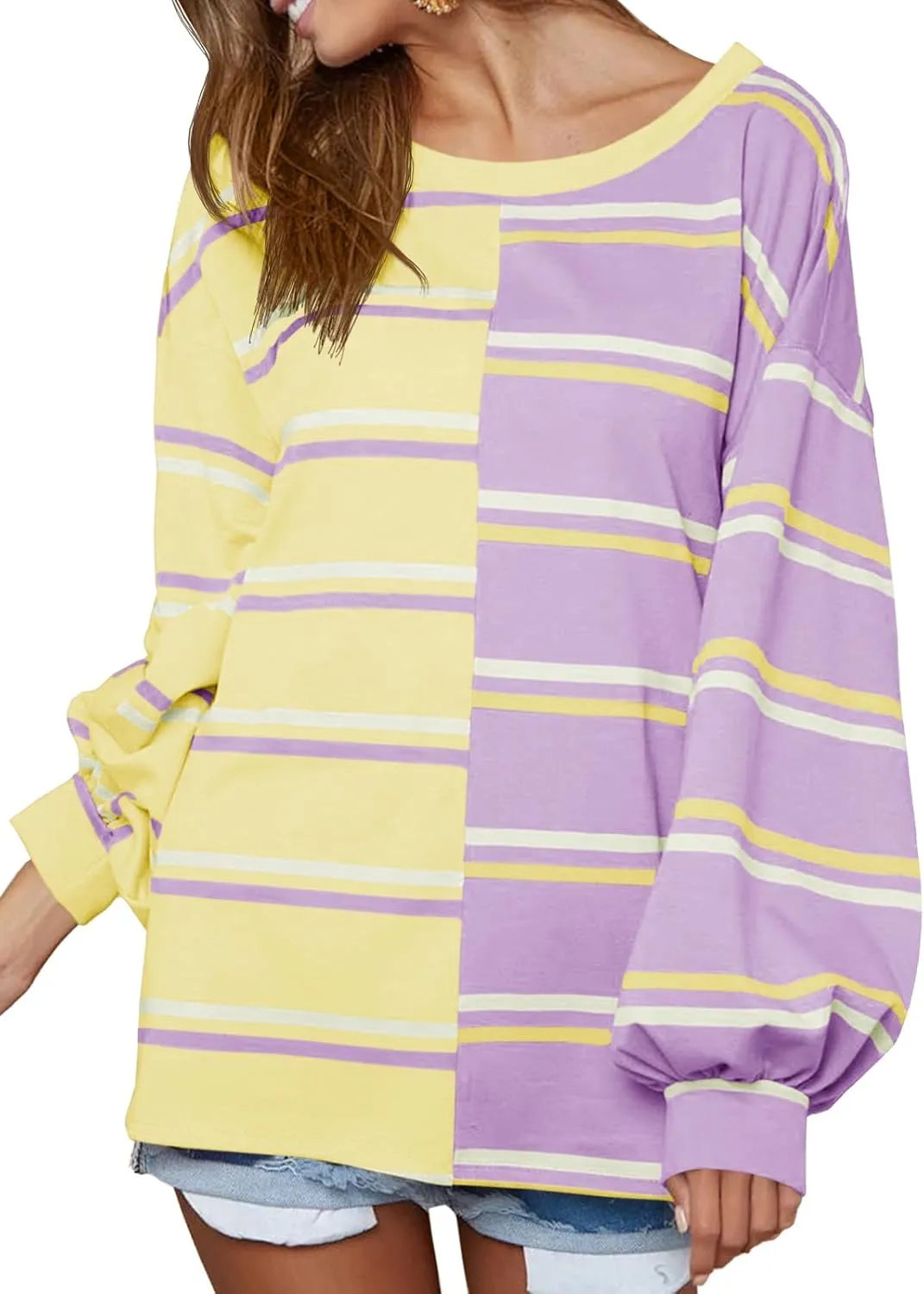 Tankaneo Womens Striped Tunic Tops Oversized Long Sleeve Round Neck T Shirts Fall Casual Sweatshirts
