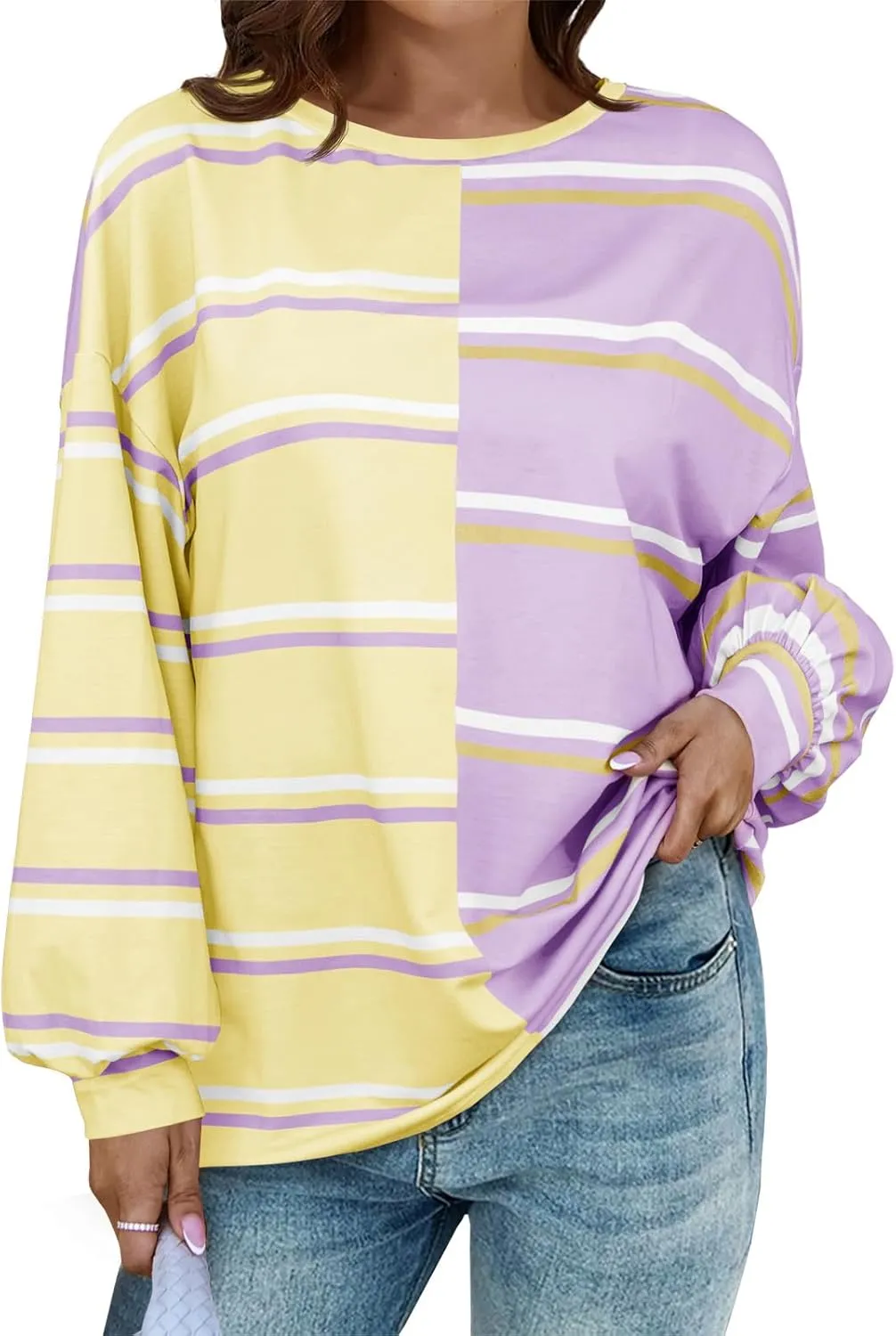 Tankaneo Womens Striped Tunic Tops Oversized Long Sleeve Round Neck T Shirts Fall Casual Sweatshirts