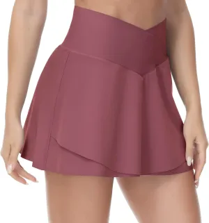 THE GYM PEOPLE Womens' Cross Waist Tennis Skirts with Cutting Hem Golf Skorts with Inner Mesh Pockets Shorts