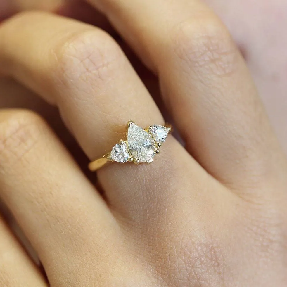 Three Stone Pear & Heart Diamonds Unique Engagement Ring ♥