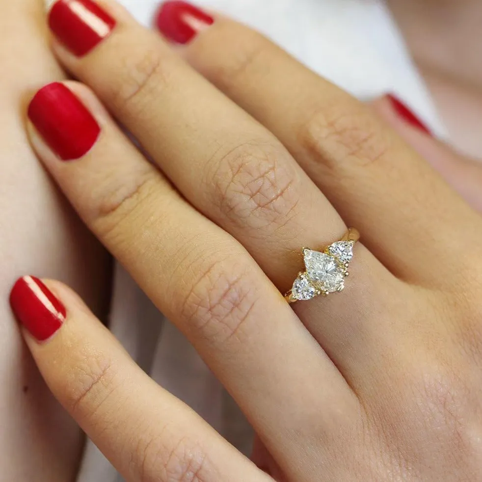 Three Stone Pear & Heart Diamonds Unique Engagement Ring ♥