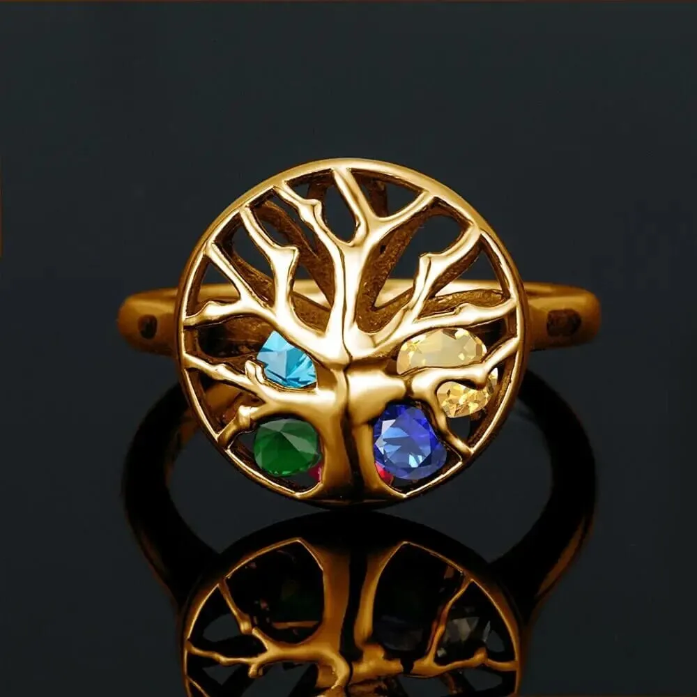 Tree of Life Stones 925 Sterling Silver and 18K Gold Color Ring