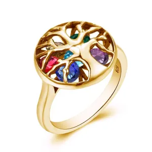 Tree of Life Stones 925 Sterling Silver and 18K Gold Color Ring